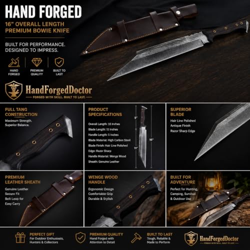 Handmade Viking Seax Knife with Leather Sheath - 10-inch High-Carbon Steel Fixed Blade Hunting Knife