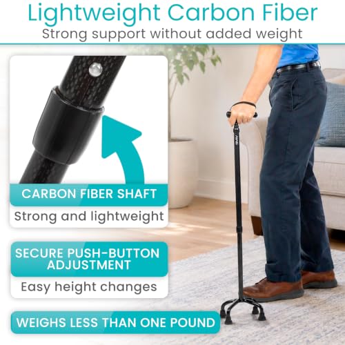 Vive Ultra-Lightweight Carbon Fiber Quad Cane with Reversible Base, Adjustable Height, Black