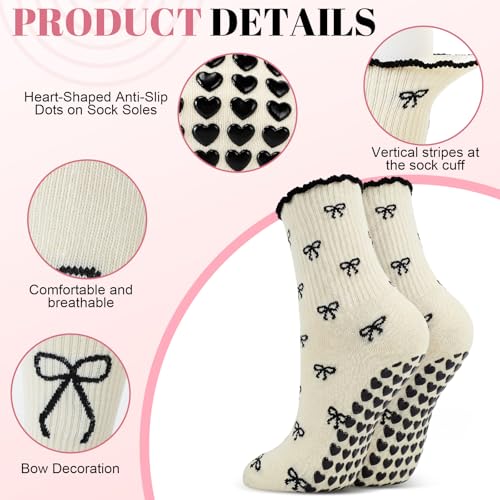 Cuffbow 2 Pilates Socks - Black and White Bow Variation, Non-Slip Grip, Crew Size
