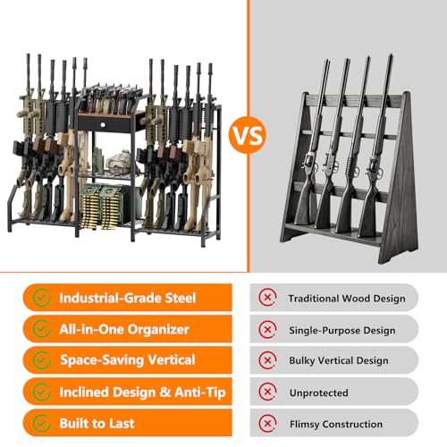 EnigmaSoul 12-Gun Double-Sided Tactical Indoor Gun Rack with Storage Drawer, Heavy Duty Metal Floor Stand for Rifles & Handguns
