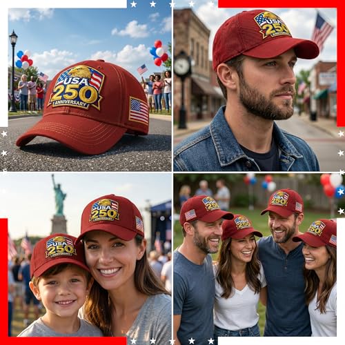 USA 250th Anniversary Hat - Red Embroidered Baseball Cap with Bald Eagle & Flag - 4th of July Gift