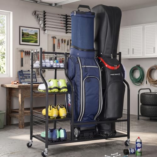Golf Bag Garage Storage Organizer for 2 Bags - Black, Heavy Duty Metal Rack with Shelves & Hooks