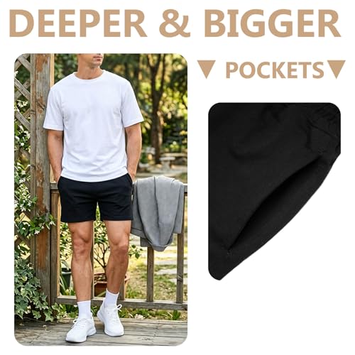 Mens Cotton Sweat Shorts 5 Inch Workout Gym Athletic Shorts with Pockets - Large / Black