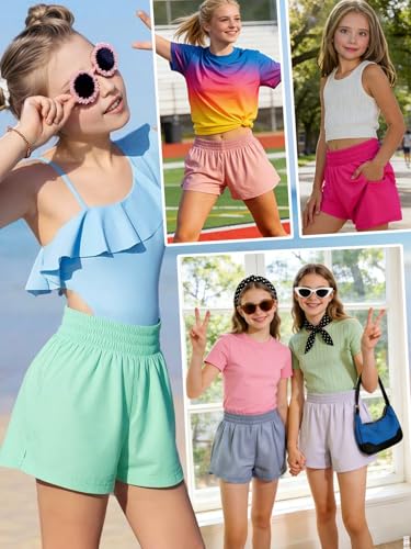 Girls Athletic Shorts 2 in 1 Elastic Waist Pockets Biker School Sports Teen Summer Y-Orange 11-12 Years