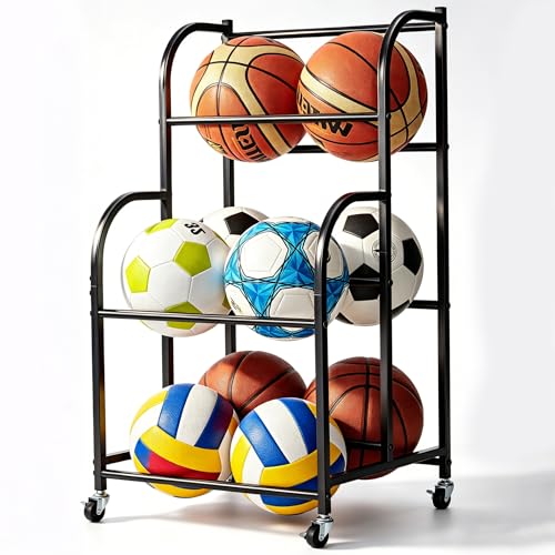 Ball Storage Rack with Wheels - Space-Saving Vertical Organizer for Basketball, Football, Soccer