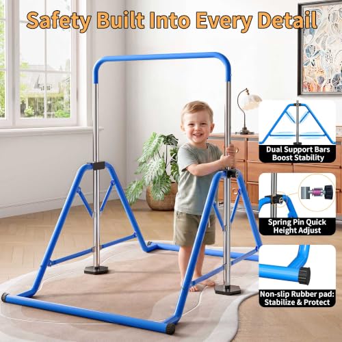 Kids Adjustable Gymnastics Bars with Rings - Blue, Space-Saving Foldable Design, 45-61 inches
