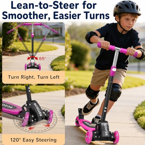 Kids Light-Up 3-Wheel Kick Scooter for Boys & Girls - Pink, Adjustable Handlebar, Foldable, Safe Ride for Ages 2-7