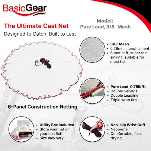 BasicGear® Cast Net, Lead, 3-12ft Radius, 3/8 and 1/4 Mesh, for Bait