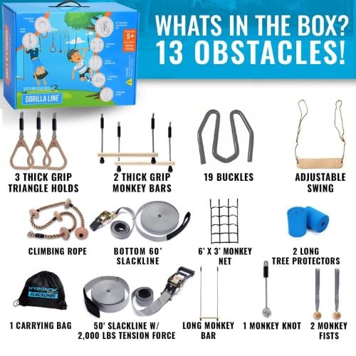 Kids Ninja Warrior Obstacle Course Set - 2 x 60 ft, 13 Obstacles, Grey