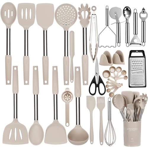 Khaki 35-Piece Silicone Cooking Utensil Set BPA Free Heat Resistant 446°F