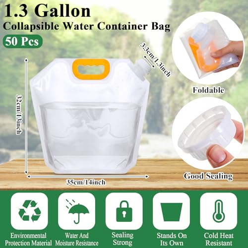 50 Pack Collapsible Water Bags 1.3 Gallon Water Storage Bladders for Camping & Outdoor