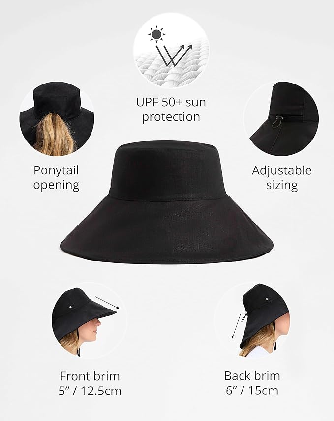 Solbari Women's UPF 50+ Cotton Linen Wide-Brim Sun Hat Small-Medium Black
