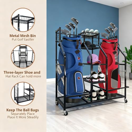Heavy Duty Steel Golf Bag Storage Rack with Wheels & Accessories Shelf