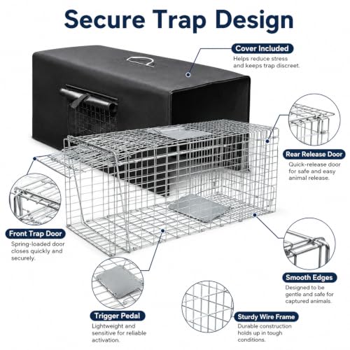 HiCaptain 32-Inch Humane Live Animal Trap Cage with Cover for Cats and Small Wildlife - Folding Design, Weather-Resistant
