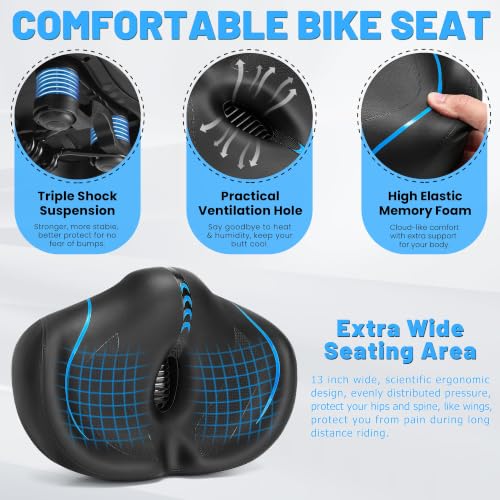 CDYWD Noseless Oversized Bike Seat Blue - Extra Wide Padded Bicycle Saddle for Comfort