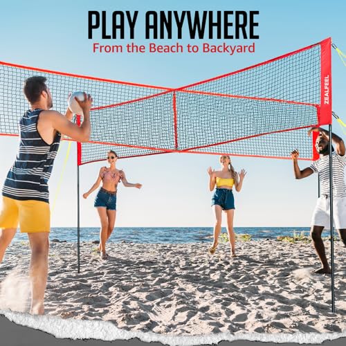 ZEALFEEL 4-Way Volleyball and Badminton Set with Adjustable Net, 14FT Outdoor Game