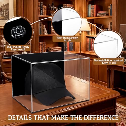 Wall Mount Baseball Hat Display Case Acrylic with UV Protection - Black Backplate