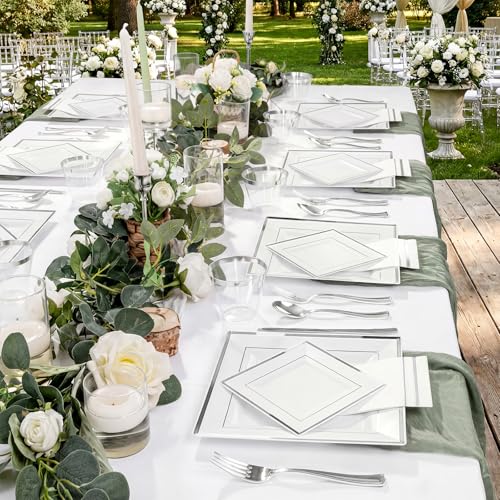 Festiva 50 Guests Silver Square Plastic Party Plates Set with Cups, Cutlery & Napkins – 9.5