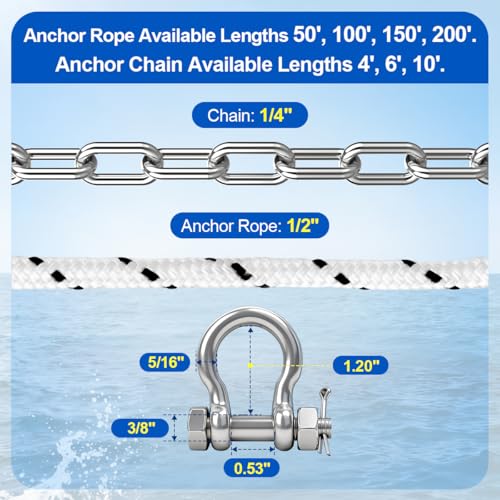 Boat Anchor Rope & Chain Kit - 1/2" x 200 ft Double Braided Nylon with 316 Stainless Steel Chain and Hardware