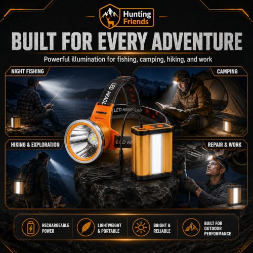 Hunting Friends White Rechargeable LED Headlamp - Waterproof, 3 Modes, Portable, Camping & Outdoor