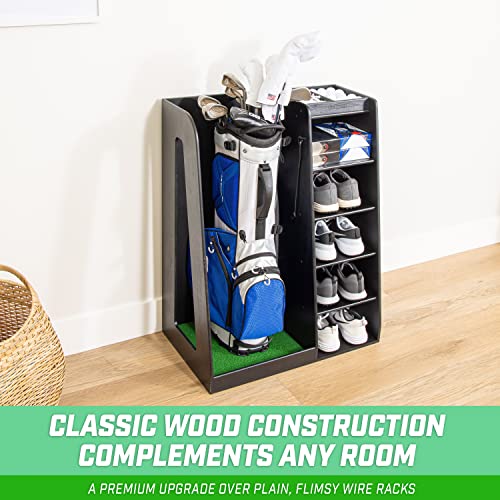 Black Wooden Golf Bag Organizer with Shelves - Storage Rack for Golf Accessories