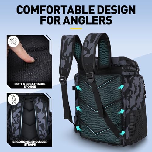 Water-Resistant Fishing Tackle Backpack with Rod Holders & 4 Tackle Boxes - 42L, Black Camo