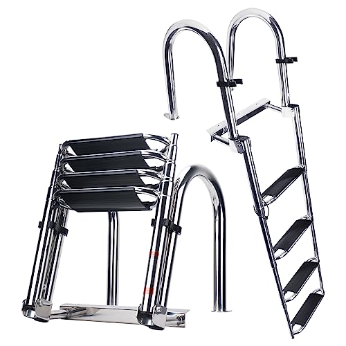 Heavy Duty Folding Boat Ladder Stainless Steel 4 Steps for Pontoon & Marine Use