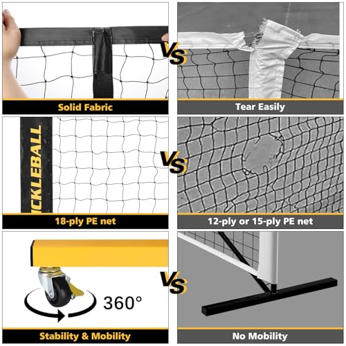 Fostoy Portable Pickleball Net Set with Wheels, 22ft & 11ft Half Court - Black & Yellow 2-in-1