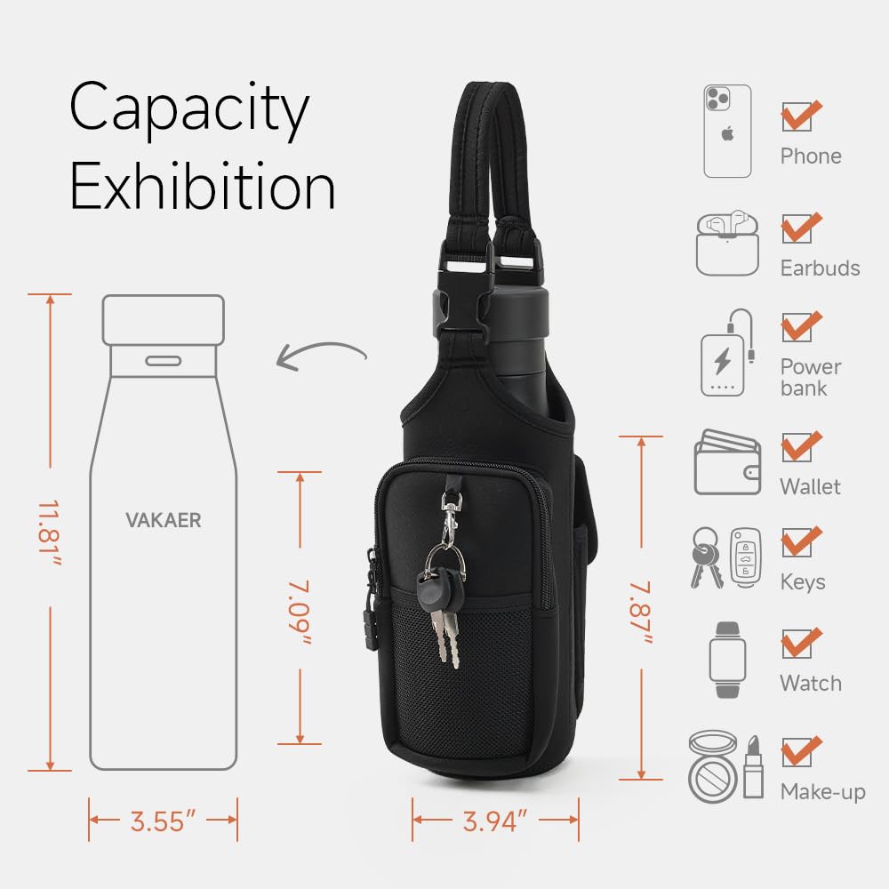 VAKAER Magnetic Gym Bag, Water Bottle Carrier Holder with Phone Pocket & Adjustable Strap,10 Ultra-Strong Magnets Stick to Fitness equipment, Workout Accessories Pouch for Women & Men, Black