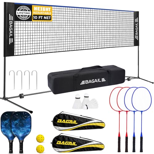 BAGAIL Adjustable Height Badminton & Pickleball Net - Blue Combo, 10 ft Wide