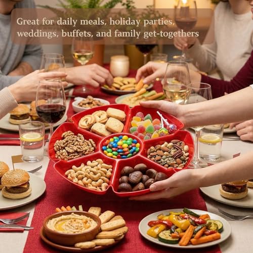 12-Inch Plastic Snack Serving Tray with 7 Compartments - Unbreakable Food Platter for Nuts, Candy, Veggies, Dips