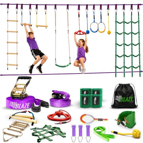 Kids Outdoor Ninja Warrior Obstacle Course with 2x55ft Slacklines - Purple, 10 Obstacles