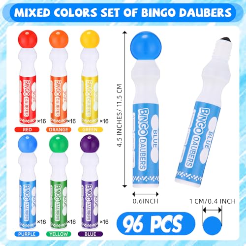 96 Pack Mixed Color Bingo Daubers Dot Markers - 6 Colors, 15ml Capacity