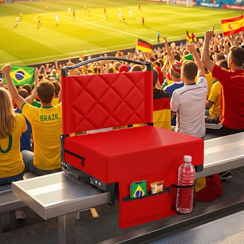 Portable Stadium Seat with Back Support & Cushion, Foldable Bleacher Chair with Cup Holder & Storage