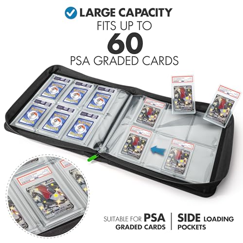 Black PSA Card Binder for Graded Slabs - Holds 60 Cards, Zipper Closure