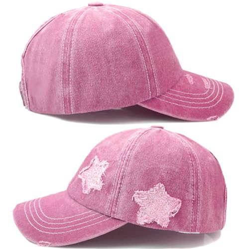 Pink Messy Bun Ponytail Baseball Cap for Women - Washed Cotton Hat