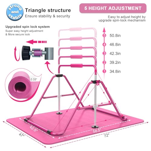 Pink Adjustable Kids Gymnastics Bars with Mat - Foldable & Safe for Ages 3-8