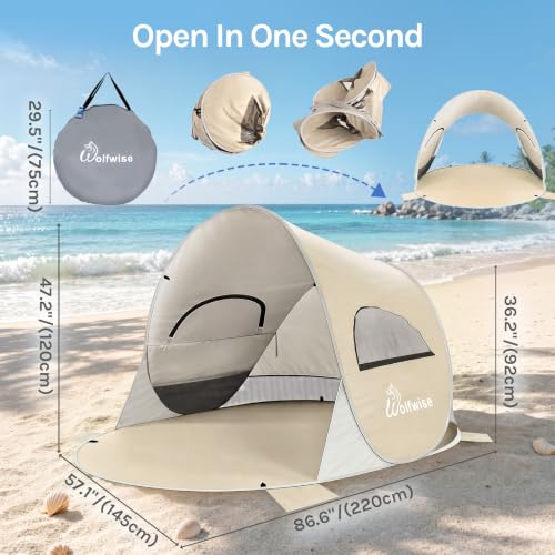 Wolfwise Sandbeige Pop Up Beach Tent for 3 Persons - Easy Setup Sun Shade Shelter