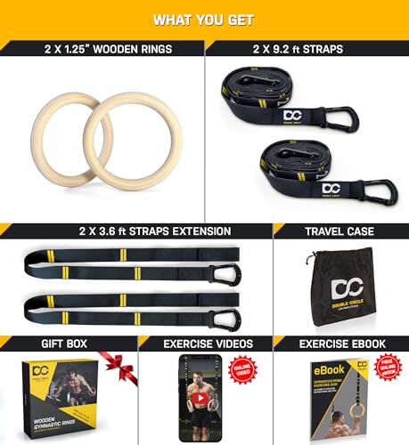 Double Circle Wooden Gymnastics Rings with Straps & Extension - Extra Long Version