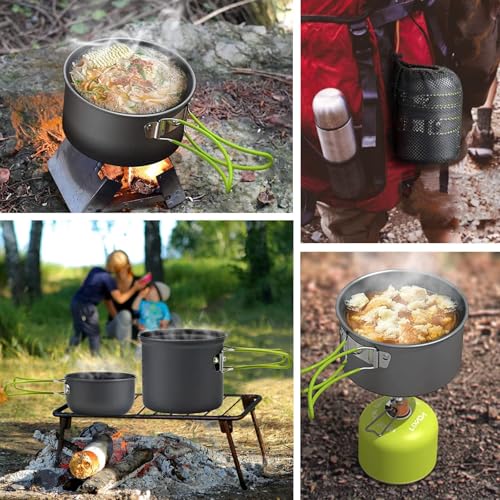 Camping Cookware Mess Kit with Foldable Handles, Lightweight Non-Stick Pot Set