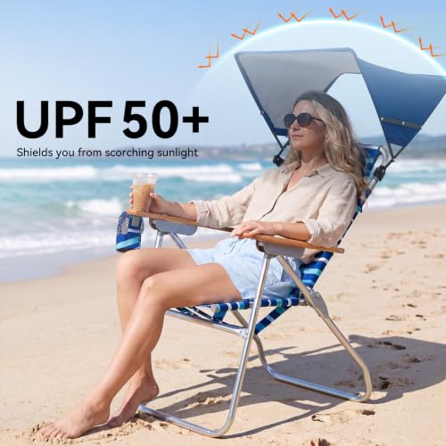 17-Inch Tall Blue Striped Beach Chair with Canopy Shade, Supports 350 lbs
