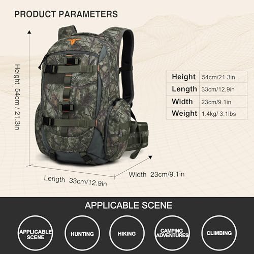 Forest Camo Hunting Backpack 40L with Rain Cover for Bow Rifle Gun - Large Capacity Tactical Day Pack