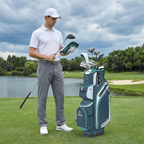 T WINSOLOGY Lightweight Golf Cart Bag with 14 Dividers, 11 Pockets, Cooler, INK BLUE/WHITE/MINT