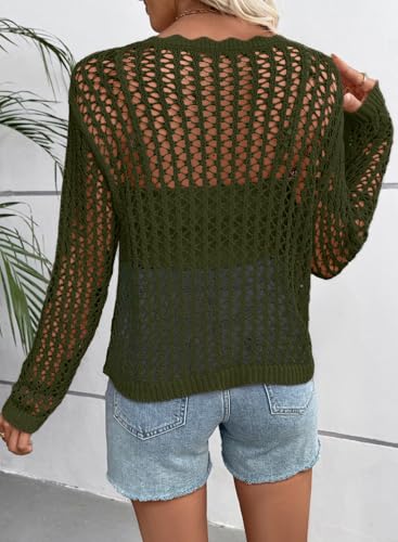 EVALESS Women's Long Sleeve Crochet Top - Hollow Out Knit Sweater Medium Green