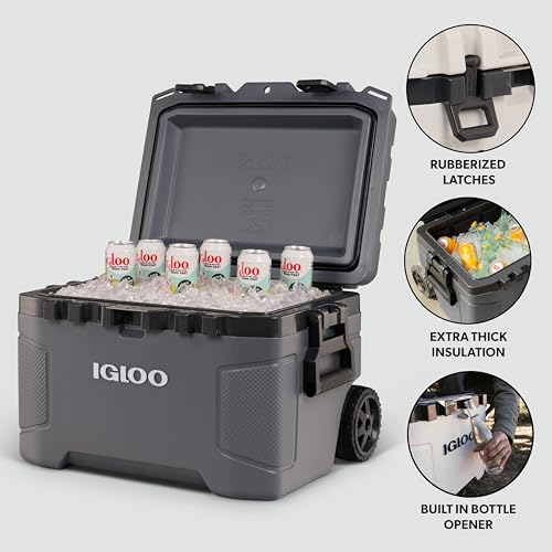 Igloo Trailmate 52 Qt Roller Cooler - Carbonite, Heavy-Duty Wheeled Ice Chest with Insulation & Accessories
