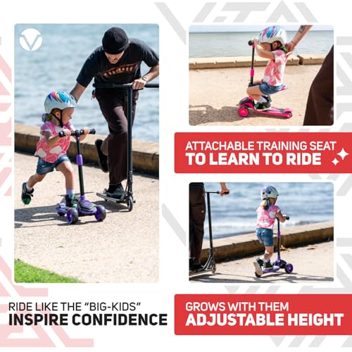 Vital Tyke 3 Wheel Toddler Scooter with LED Wheels - Foldable, Adjustable Handlebar & Removable Seat for Kids 3-7, Up to 110lbs - Red