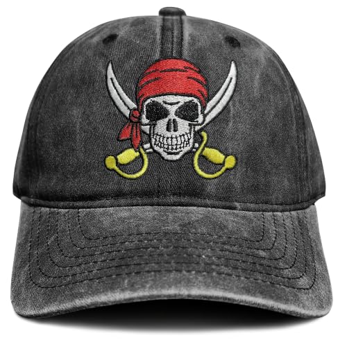 Embroidered Baseball Cap for Men Women - Pirate Skull Washed Black Variation