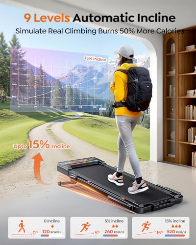 Foldable Under Desk Treadmill with 15% Auto Incline & Handle Bar - Blue Orange