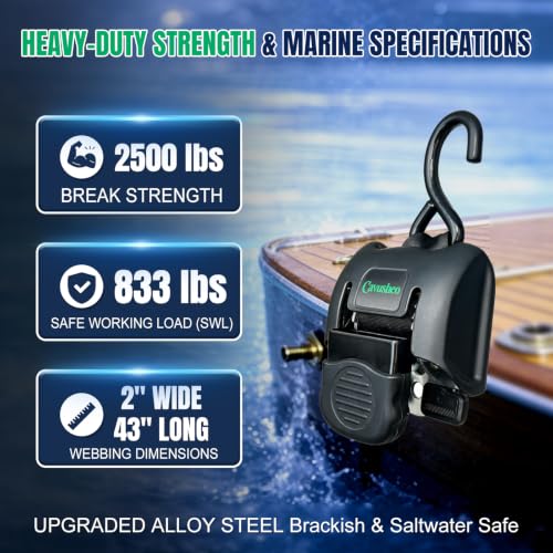 Black Alloy Steel 2x43-Inch Retractable Boat Transom Tie Down Straps - 2 Pack