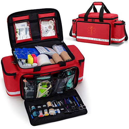 Red Trauma Bag with Dividers & Pockets – Emergency First Aid Kit, Heavy-Duty Medical Bag